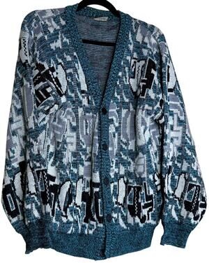 Vintage Abstract Knit Cardigan Teal Angelo Litrico Mens M
